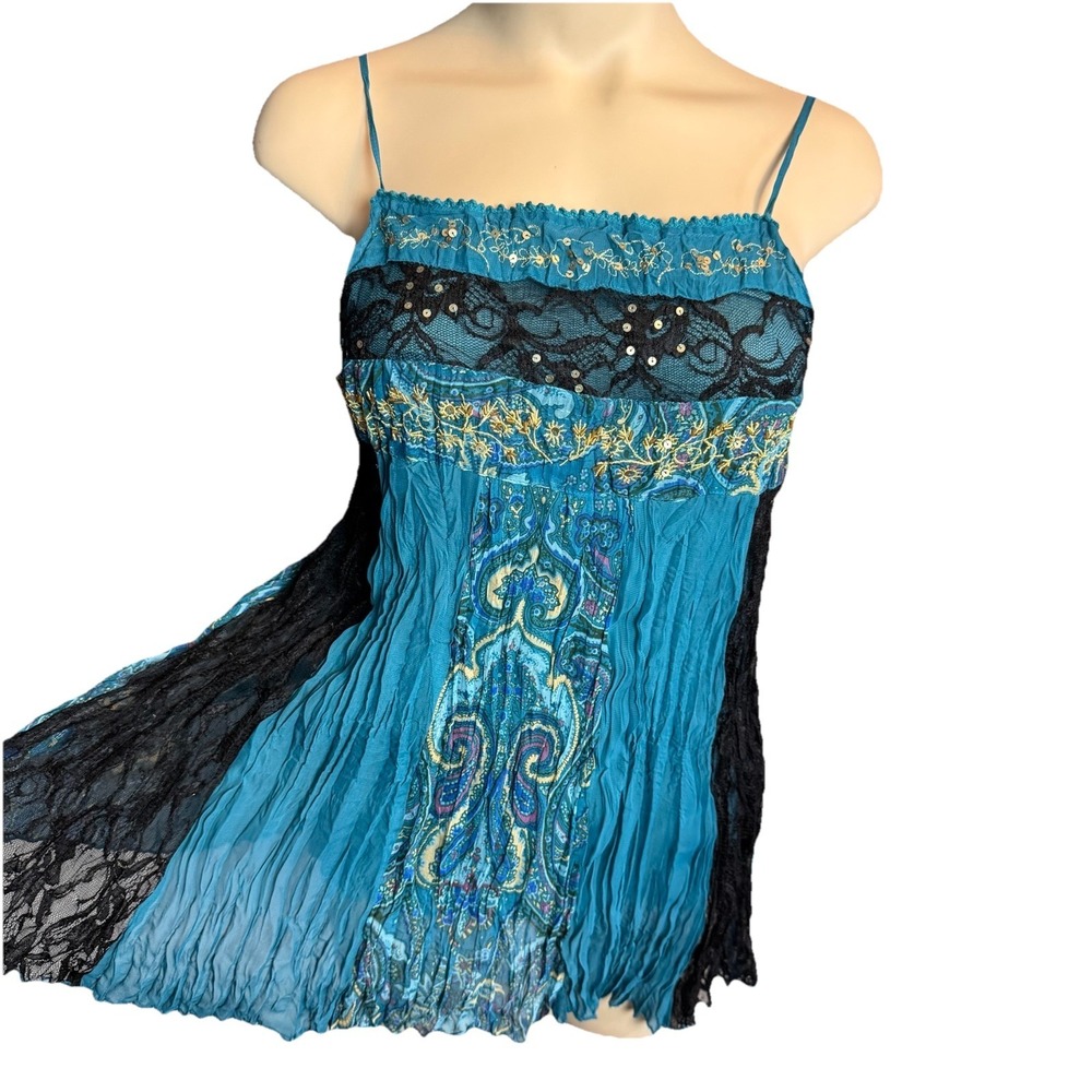 Y2K Teal Black Fairy Bohemian Baby Doll Tank M Lace Sequin Embellished Delicate